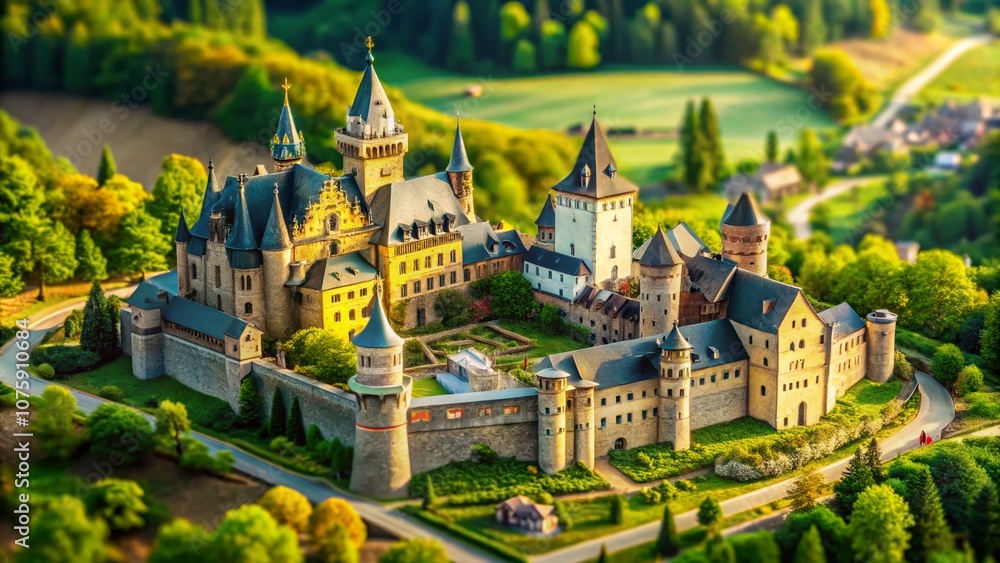 Obraz premium Tilt-Shift Photography of a Miniature Charlemagne's Empire with Majestic Castles, Lush Green Fields, and Historical Architecture Capturing the Spirit of the Carolingian Renaissance