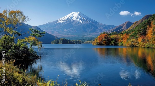 A scenic view of Mount Fuji reflected in a calm lake. The mountain is snow-capped and the surrounding landscape is vibrant with autumn foliage.