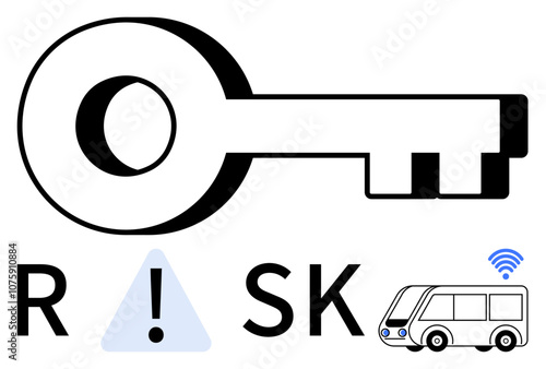 Large key above word RISK with an exclamation mark replacing I and smart vehicle beside it. Ideal for safety, risk management, autonomy tech, transportation innovations, security measures, caution