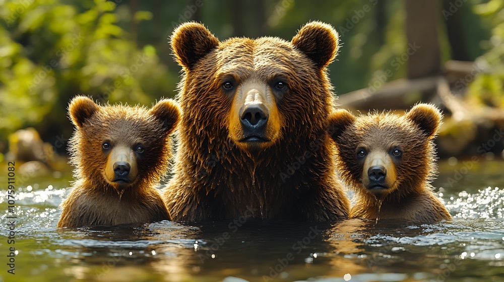 Obraz premium A mother brown bear with two cubs in a river, looking directly at the camera.