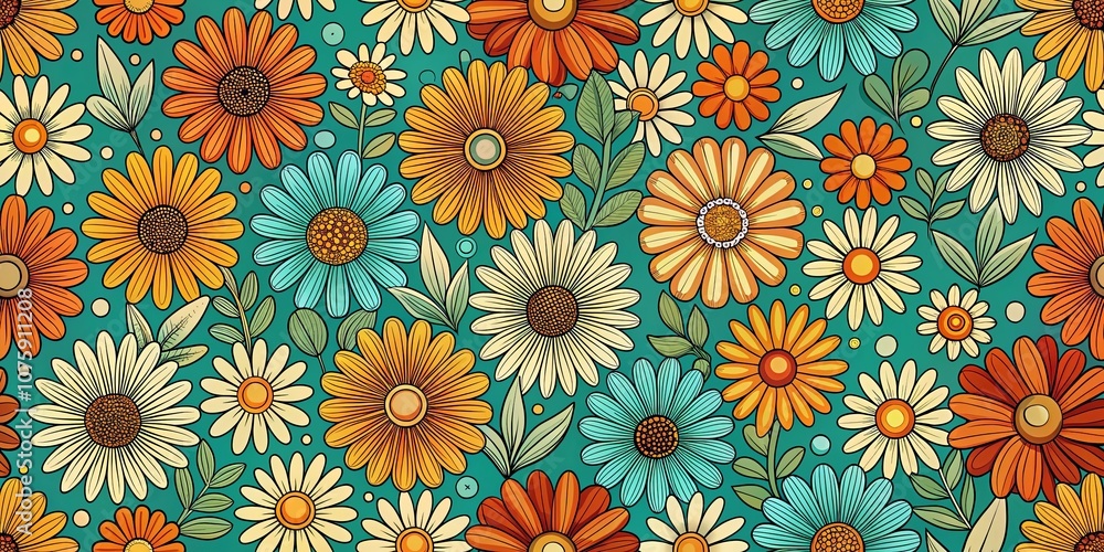 A vibrant tapestry of flowers in various shades of yellow, orange, white, and blue against a teal background. A vibrant tapestry of flowers in various shades of yellow, orange, white, and blue against a teal background.