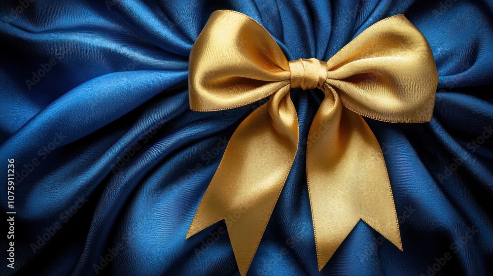 A large, golden bow sits on a luxurious blue satin fabric. A large, golden bow sits on a luxurious blue satin fabric.