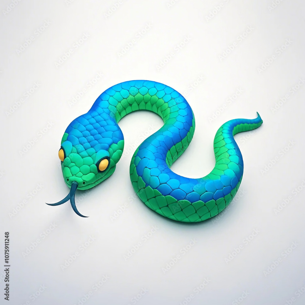 Naklejka premium A cute cartoon style little snake with a simple look and bright colors. The snake has a friendly facial expression with big eyes and a wavy body. The background is plain white with no decoration.