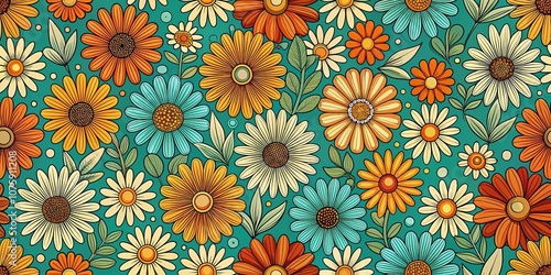 A vibrant tapestry of flowers in various shades of yellow, orange, white, and blue against a teal background.