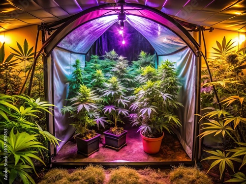 Low Light Photography of a Home Cannabis Growing Tent in Carbondale, Illinois on September 13, 2024, Featuring Lush Green Plants and Soft Ambient Lighting photo