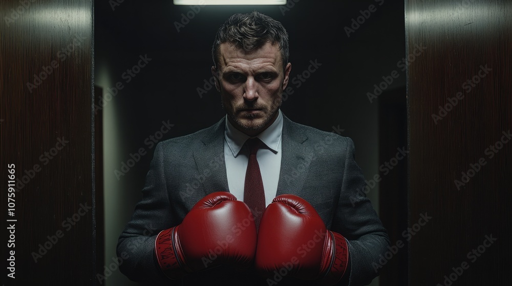 businessman with boxing gloves looking defeated, but still standing tall, generative ai businessman with boxing gloves looking defeated, but still standing tall, generative ai
