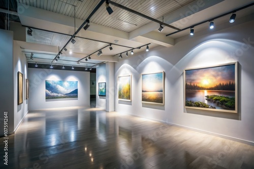 Minimalist Art Gallery at Dusk: Low Light Photography Featuring Elegant Framed Paintings on Clean White Walls, Subtle Shadows, and Ambient Lighting for a Serene Atmosphere