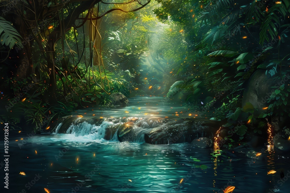 A Tranquil Stream Through a Lush, Mystical Forest A Tranquil Stream Through a Lush, Mystical Forest