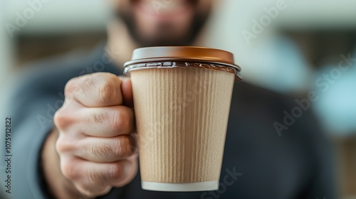 Man offering a takeaway coffee cup with a smile