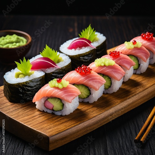 Gourmet sushi platter with nigiri and maki rolls on a wooden board photo