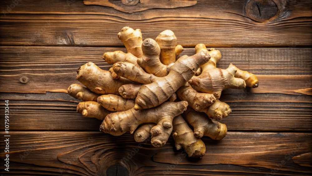 Minimalist Composition of Fresh Ginger Roots on a Rustic Wooden Table, Capturing the Natural Textures and Colors of Ginger in a Clean and Simple Arrangement Minimalist Composition of Fresh Ginger Roots on a Rustic Wooden Table, Capturing the Natural Textures and Colors of Ginger in a Clean and Simple Arrangement