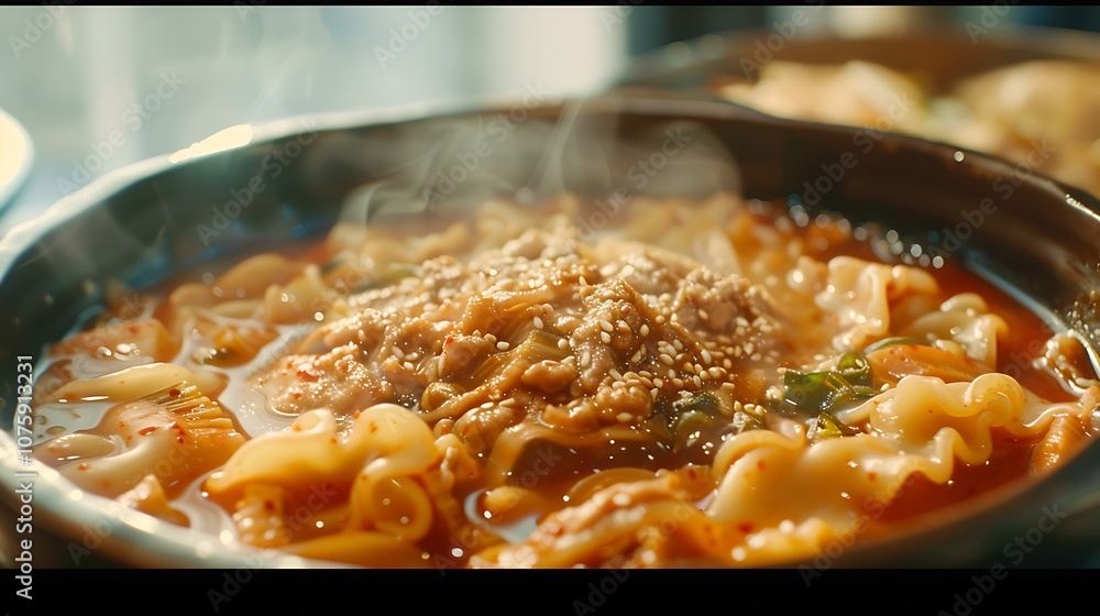 Chinese noodles with meat and vegetables in a pot on the table Chinese noodles with meat and vegetables in a pot on the table