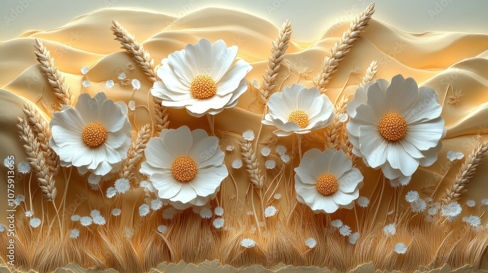 An outline of wild chamomile flowers in a wheat field. An outline of wild chamomile flowers in a wheat field.