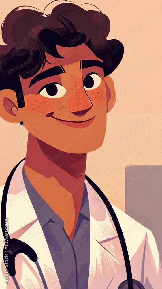 A young man with dark hair and freckles smiles while wearing a white lab coat with a stethoscope A young man with dark hair and freckles smiles while wearing a white lab coat with a stethoscope