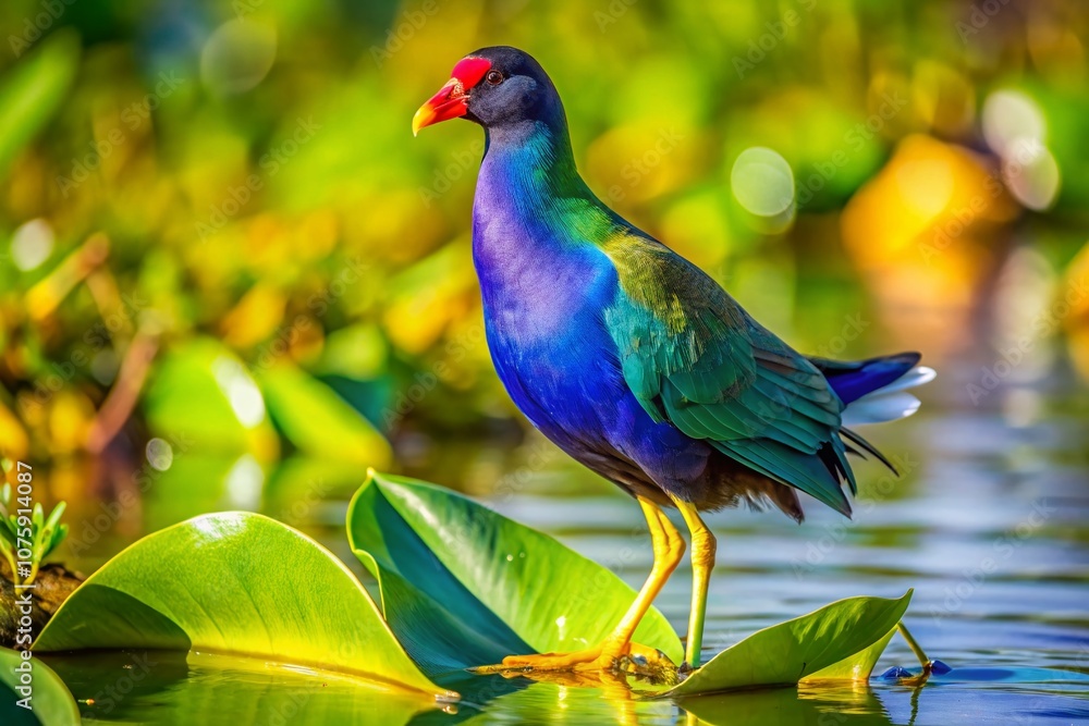 Fototapeta premium Vibrant American Purple Gallinule Bird in the Swamps of Everglades National Park, Florida with Lush Greenery and Reflection in Water, Perfect for Nature Lovers and Wildlife Enthusiasts
