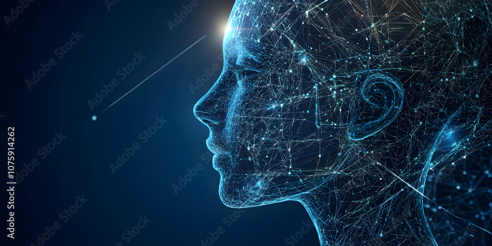 Digital Consciousness: A mesmerizing digital portrait of a female figure, composed of interconnected lines and nodes. Digital Consciousness: A mesmerizing digital portrait of a female figure, composed of interconnected lines and nodes.