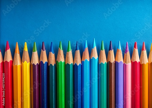 Vibrant Arrangement of Colorful Pencils in a Symmetrical Row Against a Bold Blue Background Highlighting Creative Tools for Artists and Students