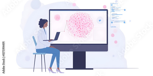 Data Analysis and Insight: A female scientist or data analyst sits in front of a large monitor, analyzing intricate data visualizations, showcasing the power of data-driven insights.  