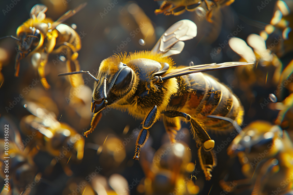 Close-up of a honey bee in flight among other bees, showcasing intricate details and vibrant colors of nature. Close-up of a honey bee in flight among other bees, showcasing intricate details and vibrant colors of nature.