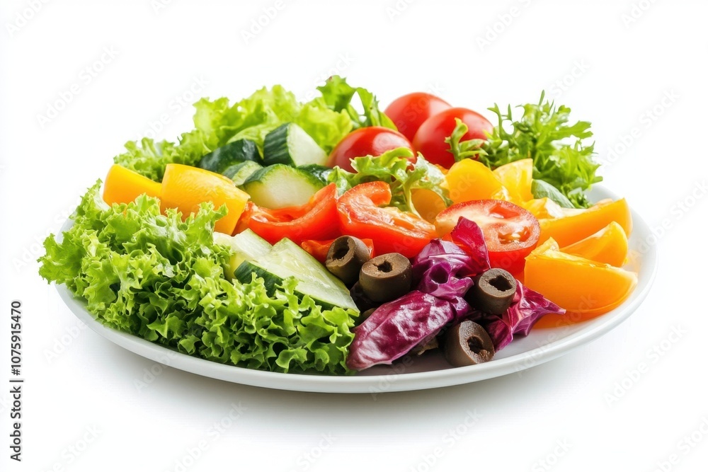 Fresh salad with lettuce, tomatoes, cucumbers, peppers, and olives on a white plate. Fresh salad with lettuce, tomatoes, cucumbers, peppers, and olives on a white plate.