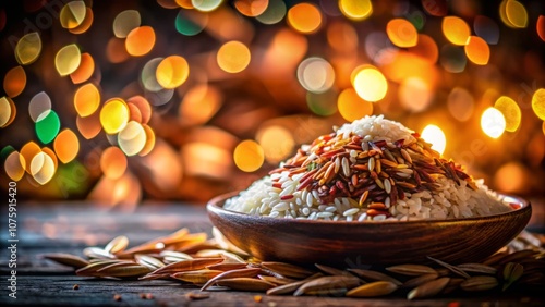 Night Photography of Traditional Birobiro Rice Isolated in Selective Focus, Capturing the Unique Texture and Color of this Exotic Grain Against a Soft, Dreamy Background photo