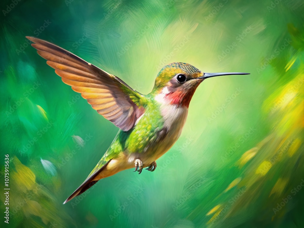 Vibrant Hummingbird in Flight Against a Green Brush Stroke Background, Capturing the Essence of Nature's Beauty and Inspiration for Wall Art Decor Vibrant Hummingbird in Flight Against a Green Brush Stroke Background, Capturing the Essence of Nature's Beauty and Inspiration for Wall Art Decor