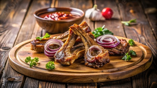 Wallpaper Mural Crispy fried mutton ribs served with fresh red onion rings and soft pita bread, artfully arranged on a wooden board, creating an inviting food display. Torontodigital.ca