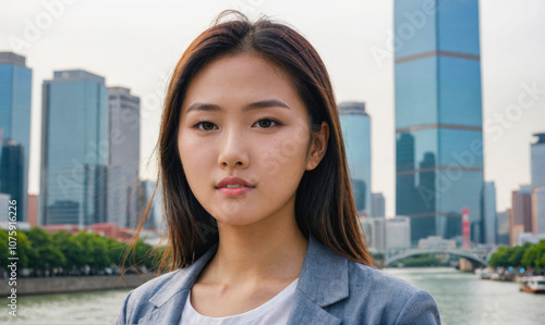 A woman in a business suit stands in front of a city skyline Free Download A woman in a business suit stands in front of a city skyline - GFXLoad
