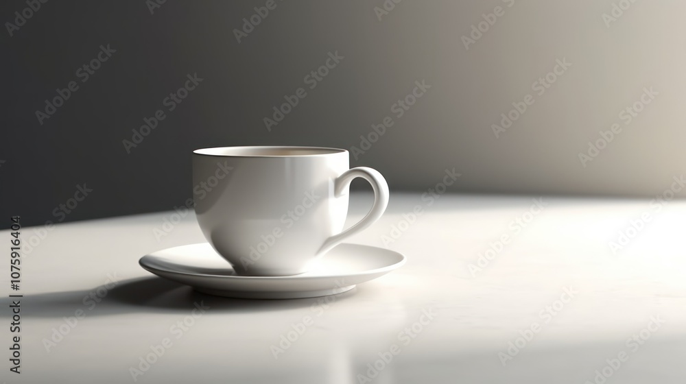 A minimalist 3D rendering of a plain white ceramic coffee cup, placed on a clean white surface with subtle lighting. A minimalist 3D rendering of a plain white ceramic coffee cup, placed on a clean white surface with subtle lighting.
