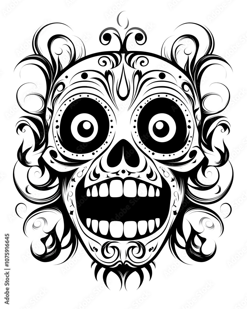 A black and white drawing of a skull with a mouth wide open. The skull has a creepy, scary appearance with its mouth wide open and its eyes staring at the viewer. The design is bold and striking A black and white drawing of a skull with a mouth wide open. The skull has a creepy, scary appearance with its mouth wide open and its eyes staring at the viewer. The design is bold and striking