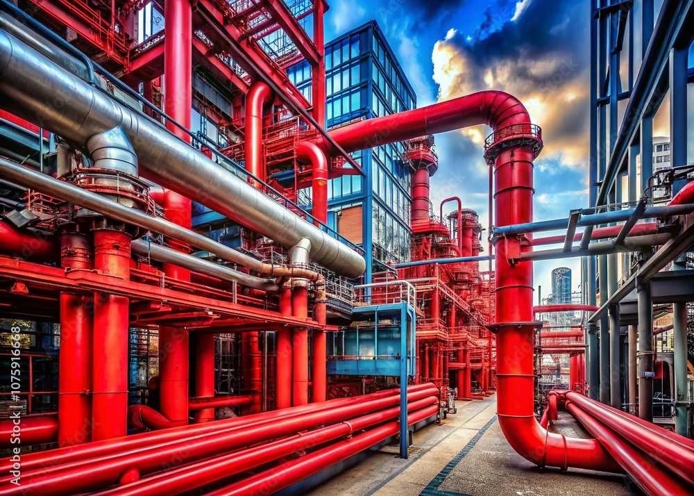 Vibrant Red Piping Infrastructure Amidst a Bustling Industrial Landscape Showcasing the Dynamic Interaction of Color and Industry in an Urban Setting Vibrant Red Piping Infrastructure Amidst a Bustling Industrial Landscape Showcasing the Dynamic Interaction of Color and Industry in an Urban Setting