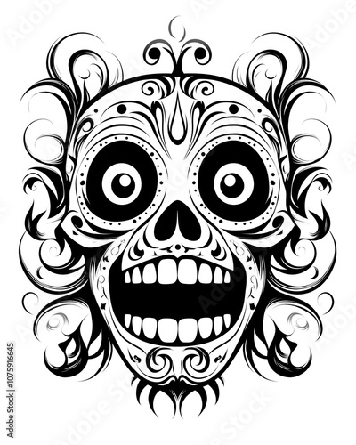 A black and white drawing of a skull with a mouth wide open. The skull has a creepy, scary appearance with its mouth wide open and its eyes staring at the viewer. The design is bold and striking photo