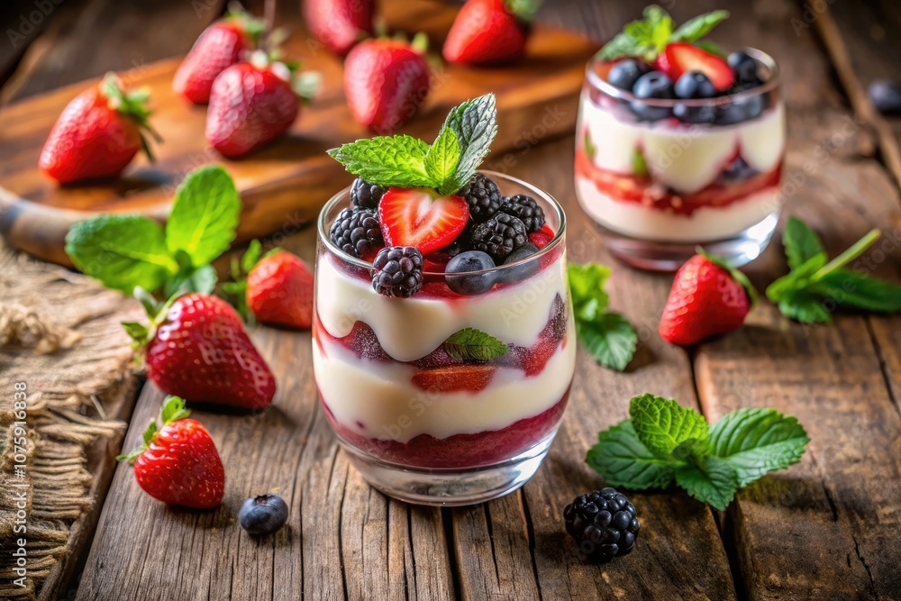 Enjoy a delightful yogurt parfait layered with fresh strawberries and blackberries. This nutritious blend offers a refreshing, healthy breakfast or snack, making it a perfect indulgence. Enjoy a delightful yogurt parfait layered with fresh strawberries and blackberries. This nutritious blend offers a refreshing, healthy breakfast or snack, making it a perfect indulgence.