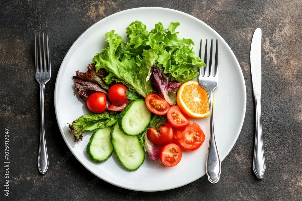 Fresh salad with tomatoes, cucumber, lettuce, and orange on a white plate. Fresh salad with tomatoes, cucumber, lettuce, and orange on a white plate.