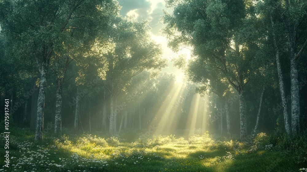 Fototapeta premium Serene forest with sunlight filtering through trees and foliage.