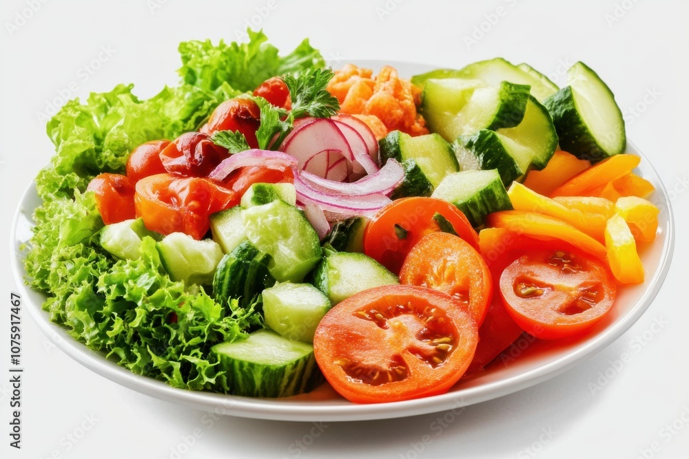 Fresh salad with tomatoes, cucumbers, bell peppers, red onion, and lettuce on a white plate. Fresh salad with tomatoes, cucumbers, bell peppers, red onion, and lettuce on a white plate.