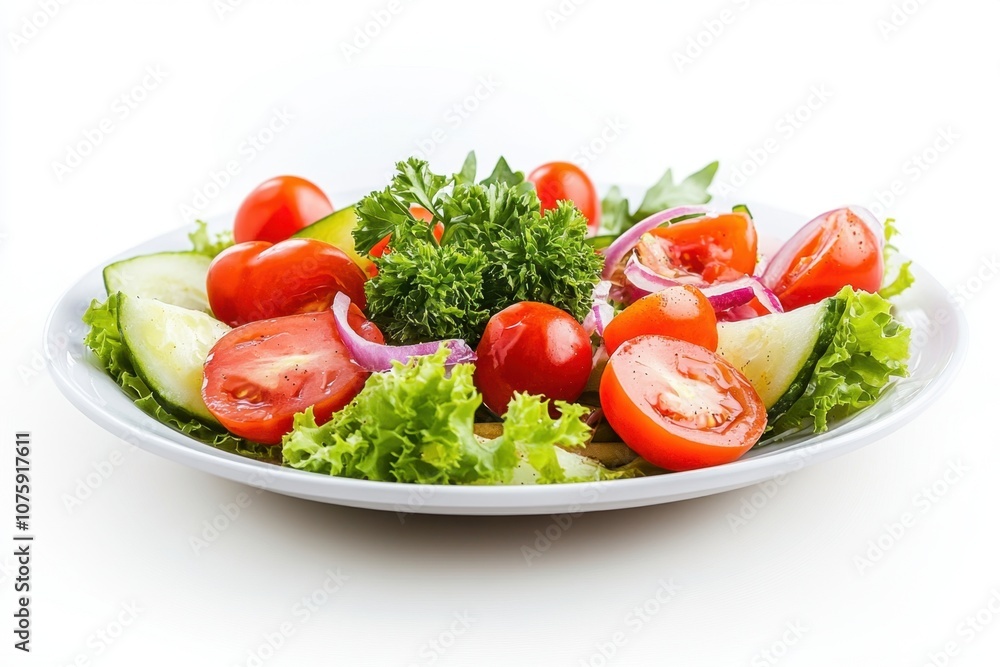 Fresh salad with tomatoes, cucumbers, red onion, and parsley. Fresh salad with tomatoes, cucumbers, red onion, and parsley.