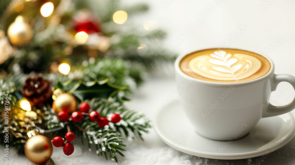 Festive Christmas Tree with Twinkling Lights, Gold Ornaments, and Holiday Latte Art - Ideal for Custom Holiday Messaging Festive Christmas Tree with Twinkling Lights, Gold Ornaments, and Holiday Latte Art - Ideal for Custom Holiday Messaging