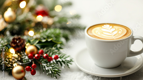 Festive Christmas Tree with Twinkling Lights, Gold Ornaments, and Holiday Latte Art - Ideal for Custom Holiday Messaging