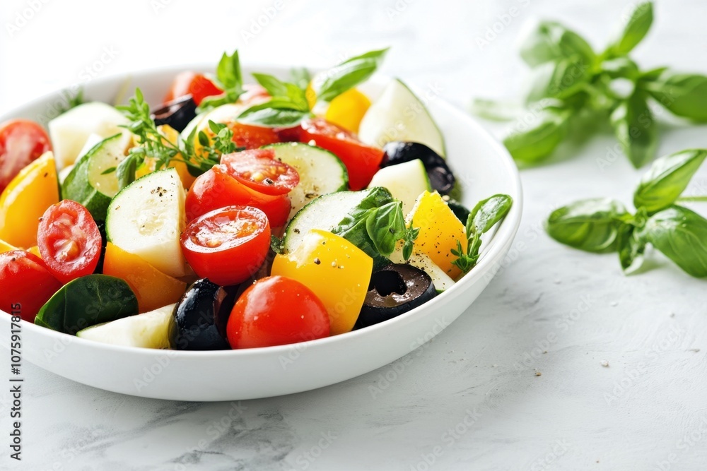 Fresh summer salad with cherry tomatoes, cucumber, yellow bell pepper, olives and basil. Fresh summer salad with cherry tomatoes, cucumber, yellow bell pepper, olives and basil.