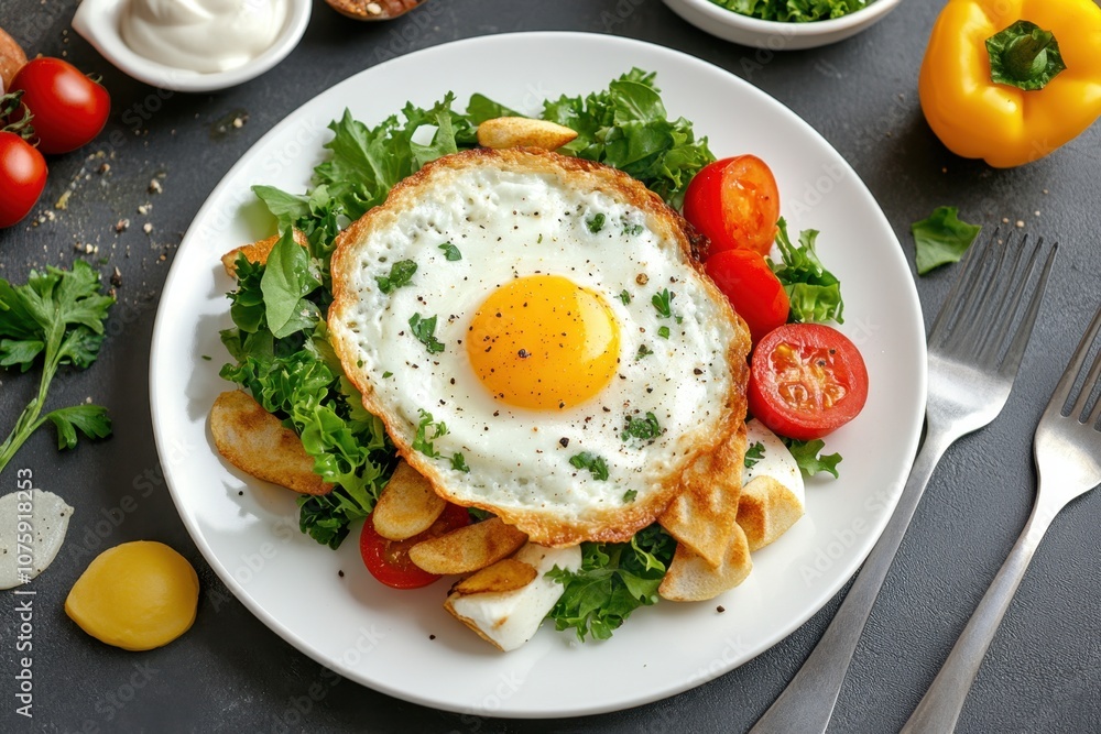 Fried egg with cherry tomatoes, salad and mozzarella on a white plate. Fried egg with cherry tomatoes, salad and mozzarella on a white plate.