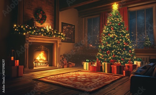 Cozy Christmas decorations with gifts, festive lights, and joyful holiday background for celebration