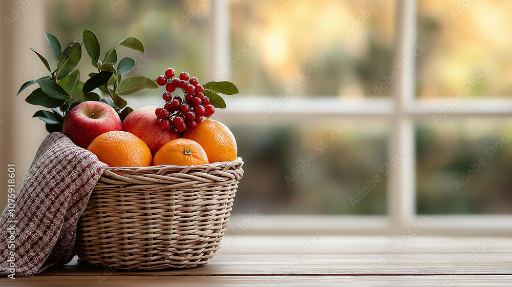 beautiful fruit basket with assortment of apples, oranges, and berries, elegantly arranged with greenery, creating vibrant and fresh display beautiful fruit basket with assortment of apples, oranges, and berries, elegantly arranged with greenery, creating vibrant and fresh display