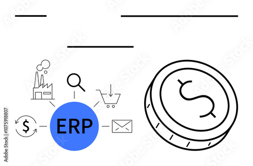 ERP system represented with icons indicating industry, finance, purchasing, and communication, connected with a central ERP node and magnifying glass. Ideal for business management, finance