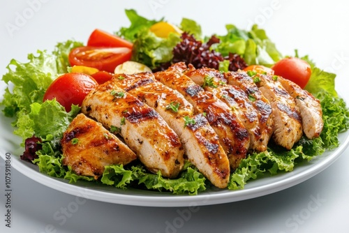 Grilled chicken breast salad with cherry tomatoes, lettuce and herbs on white plate.