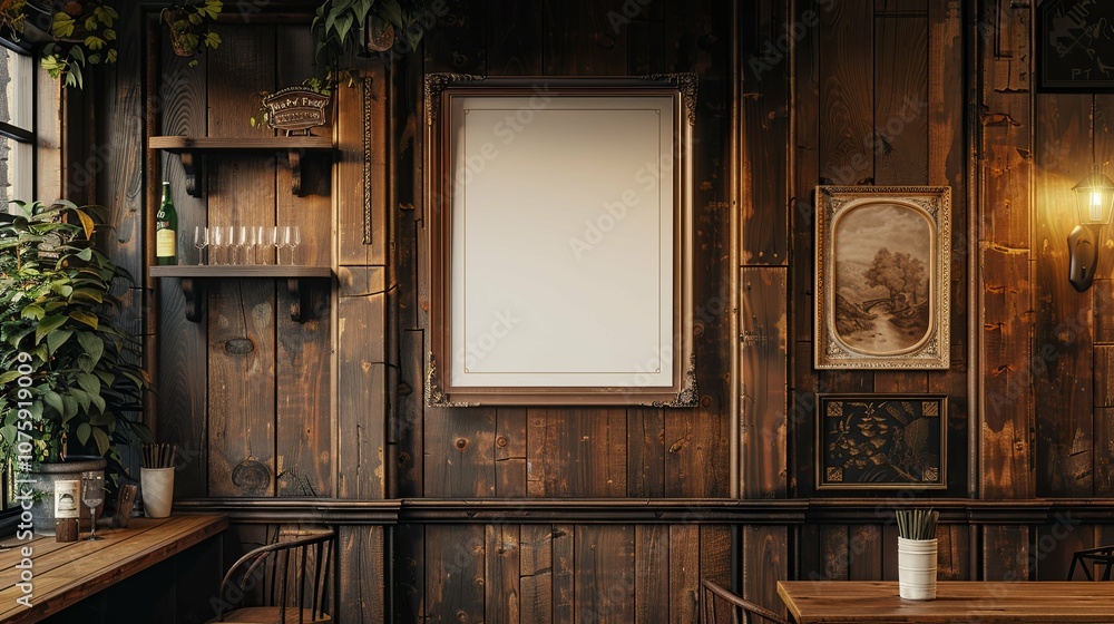 Rustic Wooden Bar Interior with a Large Empty Frame Rustic Wooden Bar Interior with a Large Empty Frame