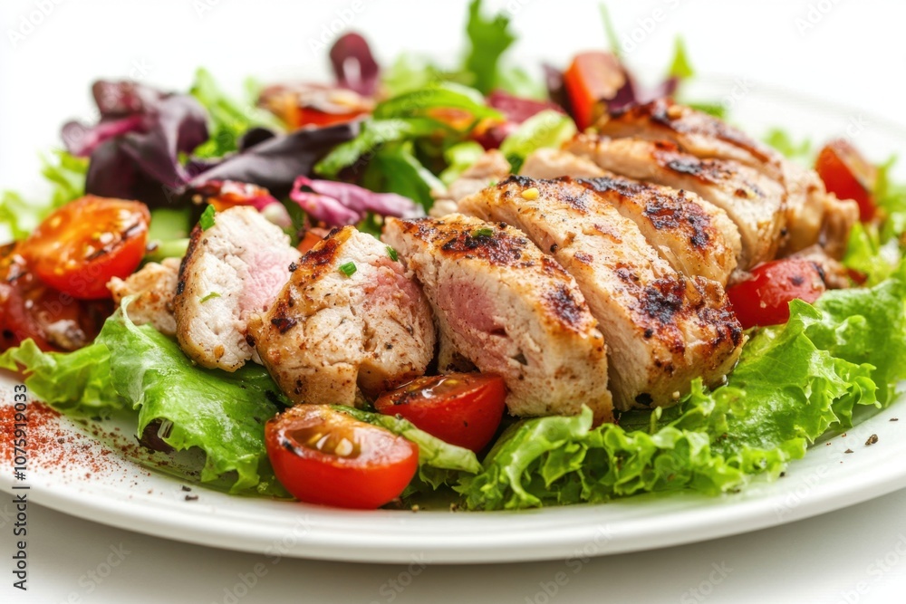 Grilled chicken breast salad with tomatoes and mixed greens. Grilled chicken breast salad with tomatoes and mixed greens.