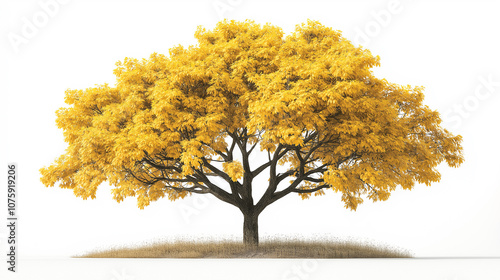 Yellow fall tree growing on grass patch isolated on white background