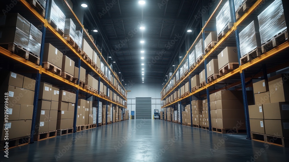 Fototapeta premium A long aisle in a warehouse with shelves full of boxes.