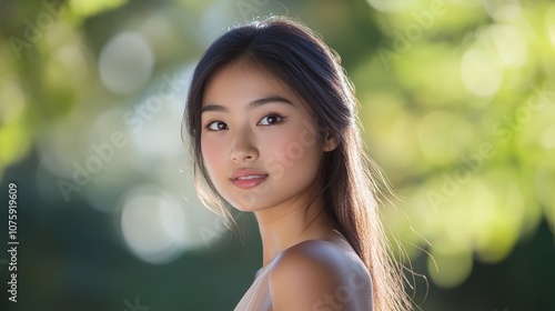 A close-up portrait of an 18-year-old Asian woman in a cream-colored dress. Focus on her soft features and the neat, long hair framing her face,